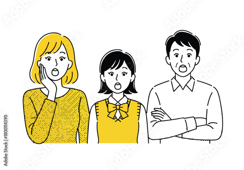 Surprised family group with mother, daughter, and father showing shock and open mouths illustration vector