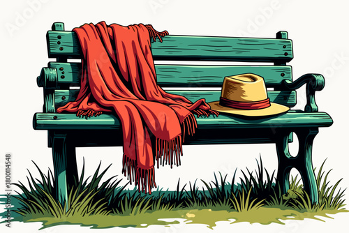 Scarf and hat on a garden bench surrounded by greenery and grass