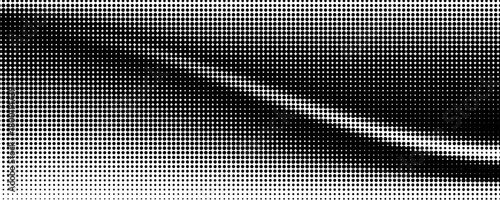 Black halftone dot wave pattern. Abstract grain fluid texture background. Dotted grit curve wallpaper. rasterized undulate swoosh overlay for poster, booklet, banner, brochure, flyer, leaflet. Vector