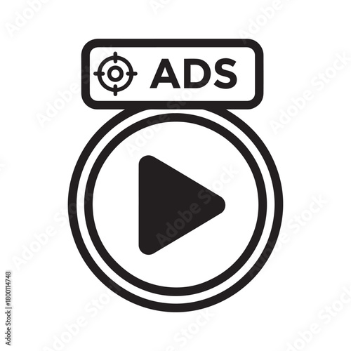 Targeted video advertising play button icon with "ads" tag concept