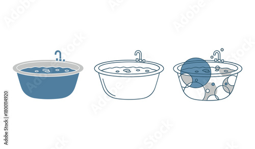 Three bathtubs with water and bubbles in blue and gray tones soap