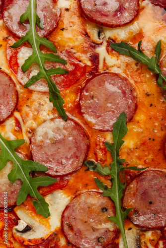 Juicy pizza top view macro photo