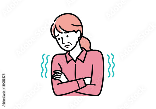 Woman shivering from cold or fever, feeling unwell with chills and discomfort, simple illustration concept for health issues.