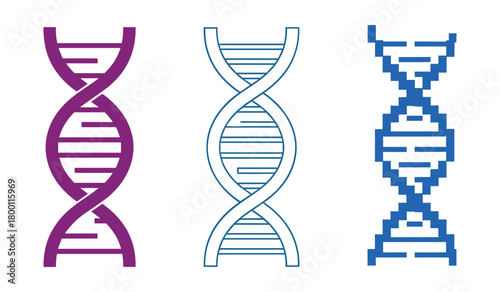 Three D N A helix icons in purple blue and pixelated blue molecule genetics