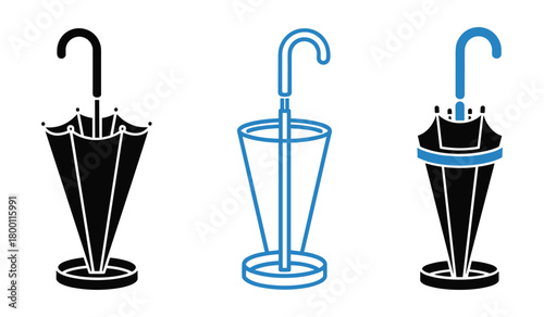 Three umbrella stand icons black blue and white vector