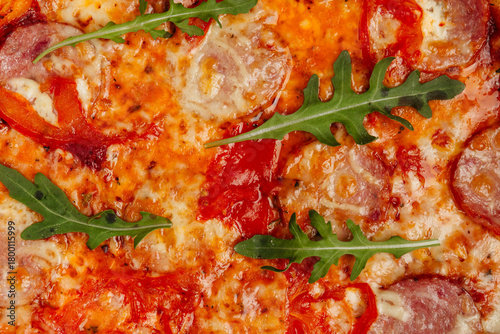 Juicy pizza top view macro photo