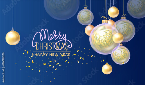 Christmas transparent glass balls and gold balls, white background.