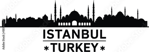 A striking black and white silhouette of a Turkish city skyline, showcasing iconic architecture and cultural heritage, perfect for travel and urban design projects