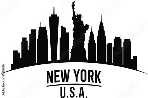 A bold black vector silhouette of the New York City skyline featuring famous landmarks arranged in a graphic horizon arc. USA cityscape illustration icon