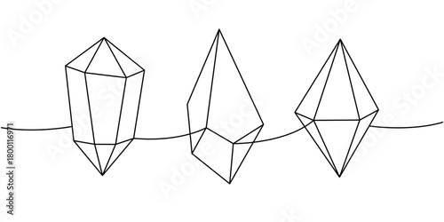 Crystal and minerals one line continuous drawing. Diamond gems. Vector illustration