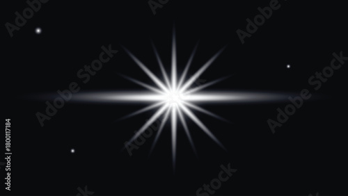 White bright star light with long rays and horizontal beam