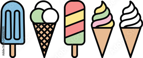 Collection of colorful frozen desserts on sticks and cones, perfect for a summer treat