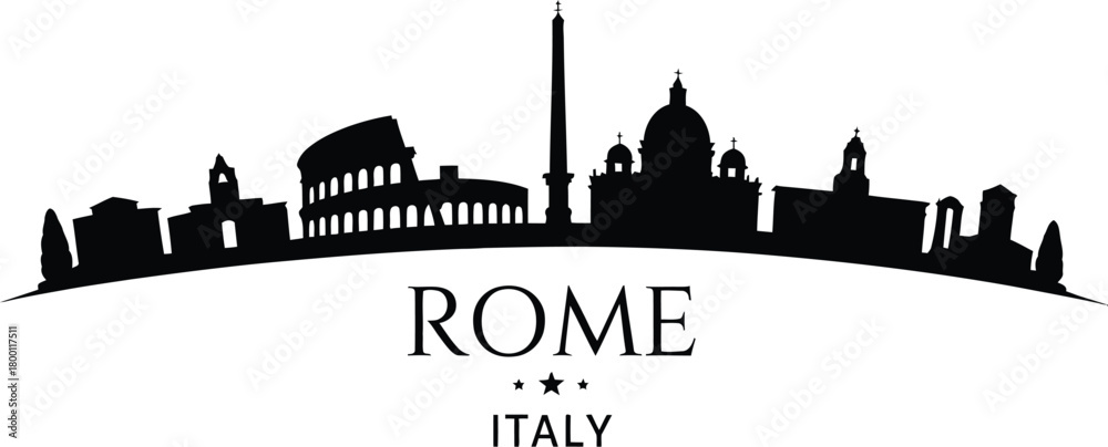 Obraz premium Elegant vector silhouette of Rome's iconic skyline, showcasing famous historical architectural landmarks against a clean white background, ideal for Italian travel and cultural branding