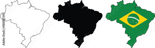 A set of three vector illustrations showing the map of Brazil, including a simple outline, a solid silhouette, and the national flag design