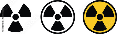 Radiation hazard warning symbols A set of three distinct icons representing radioactive materials and potential danger