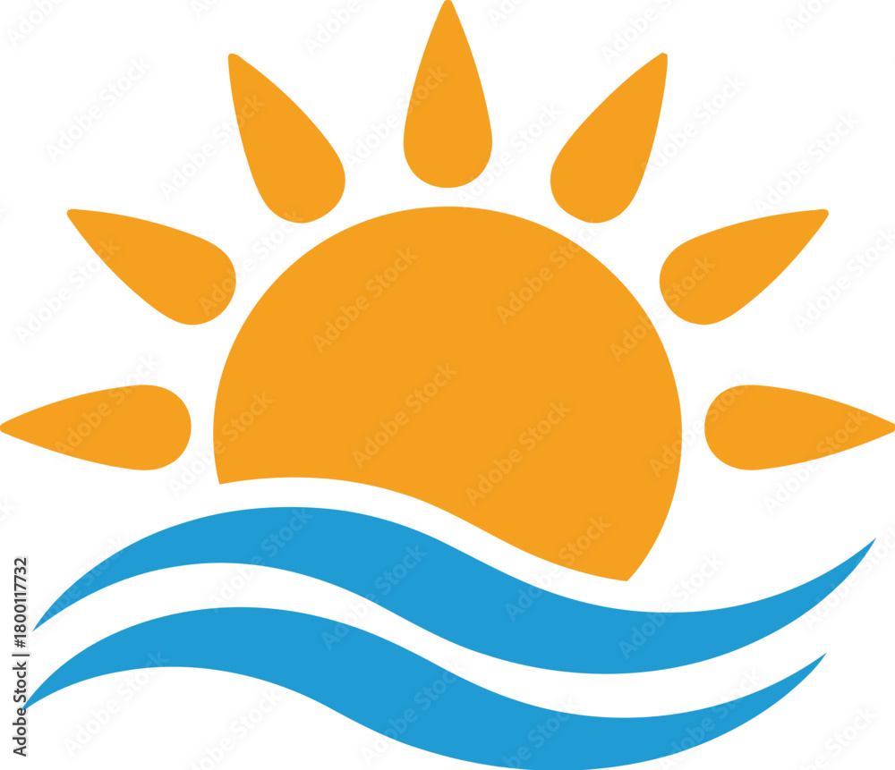 Naklejka premium Sun & Sea A Graphic Illustration of a Radiant Sun Rising Above Gentle Waves, Symbolizing Tranquility and Warmth