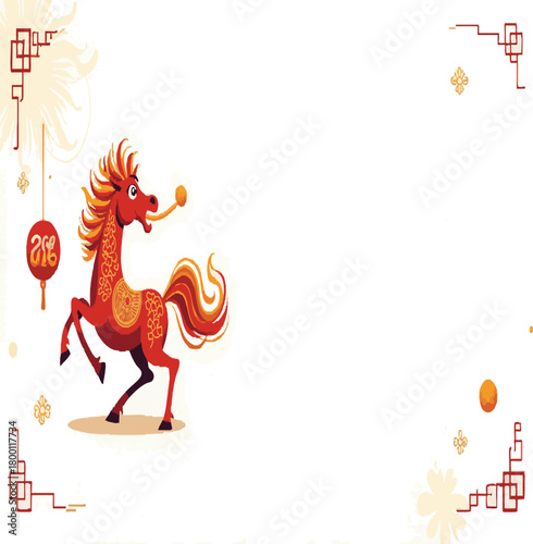 Cartoon vector background for the 2026 Chinese New Year of the Horse, featuring a Zodiac horse holding a sycee ingot on white background




