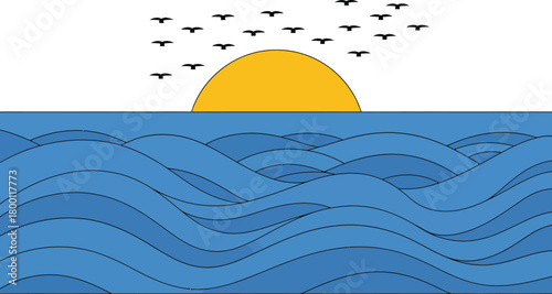 Sunrise at Sea Yellow Sun Ascending Over Blue Waves with Silhouetted Birds in Flight