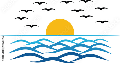 Ocean Serenity A Tranquil Sunset Reflection with Birds in Flight