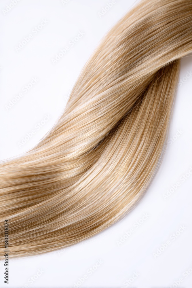Fototapeta premium Luxurious blonde hair extension piece showcases light and airy texture on a clean white background ideal for beauty themes