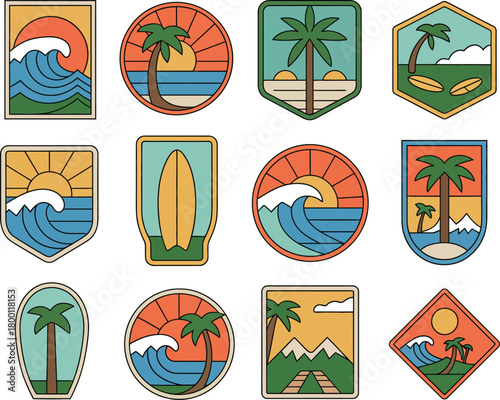 Set of stylized beach and surf-themed patches featuring palm trees, waves, and sunsets