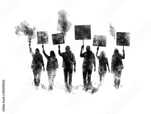 PNF of Silhouettes of diverse protesters holding signs, united in a powerful stance for change.