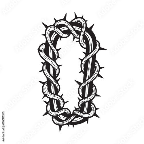 Letter o formed by thorny vine branches, spiritual pain symbol