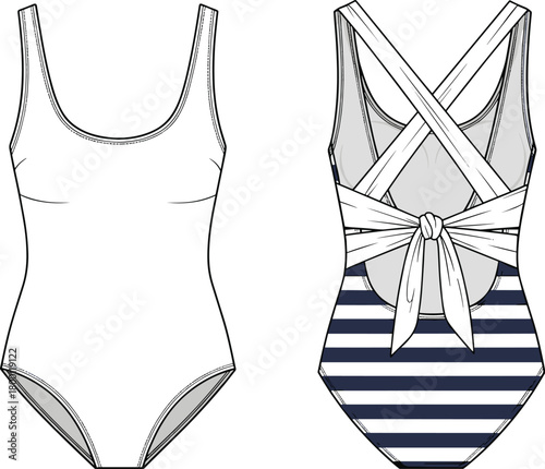 Front and back fashion flat sketch of a onepiece swimsuit with a scoop neckline and crisscross straps tied with a bow at the back, featuring navy and white horizontal stripes on the bottom half