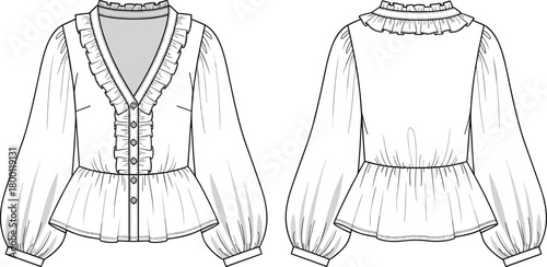 Front and back fashion flat sketch of a womens blouse with a ruffled vneckline, long puffed sleeves, and a peplum hem, featuring button details down the front