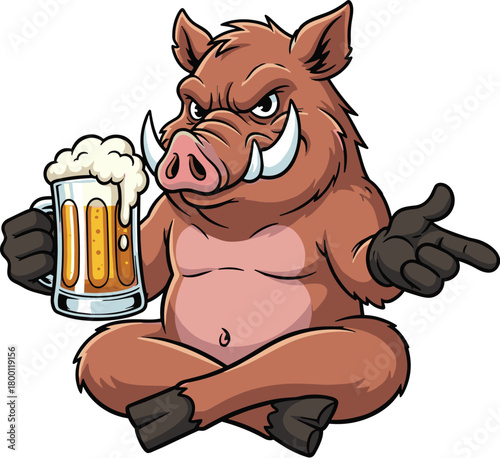 Angry cartoon wild boar sitting crosslegged with a mug of beer