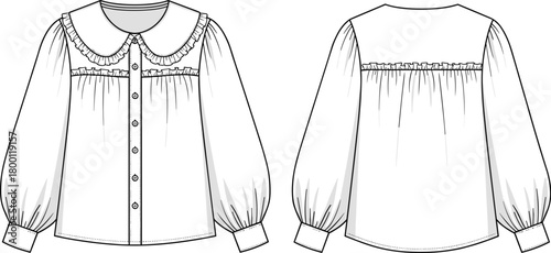 Fashion illustration of a womens longsleeve blouse with a peter pan collar and puffed sleeves, front and back view