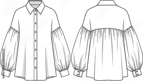 Fashion flat sketch of a white blouse with voluminous bishop sleeves and a collared neckline, shown from front and back views