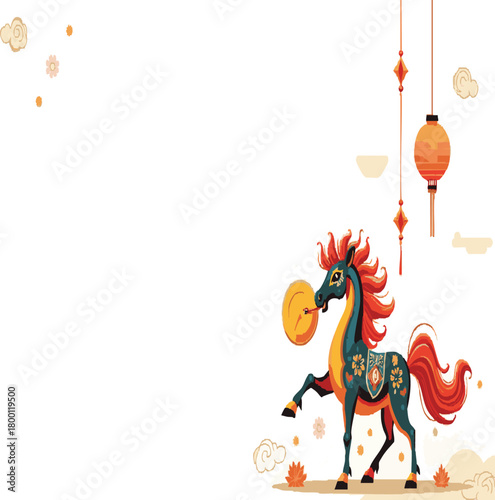 Cartoon vector background for the 2026 Chinese New Year of the Horse, featuring a Zodiac horse holding a sycee ingot on white background




