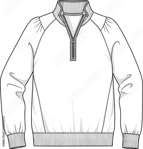 Fashion flat sketch of a womens quarter zip pullover sweatshirt with raglan sleeves and elasticated cuffs and hem