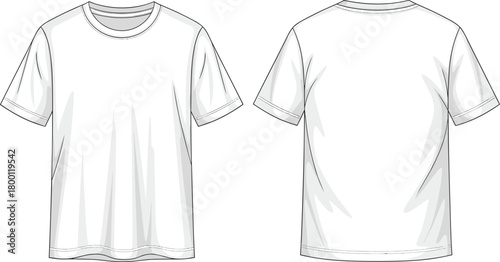 Front and back view of a plain white tshirt, showcasing its design and structure for fashion or apparel mockups