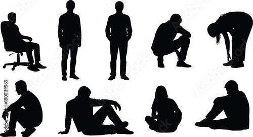 Collection of black silhouette figures of men and women in various poses, including sitting, standing, and bending, isolated on a, representing diverse human activities and postures