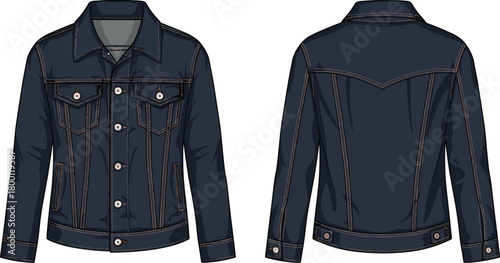 Front and back view of a dark blue denim jacket, showcasing classic trucker style with stitching details for fashion apparel