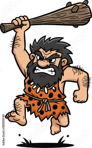 Furious cartoon caveman running with a club, wearing animal skin
