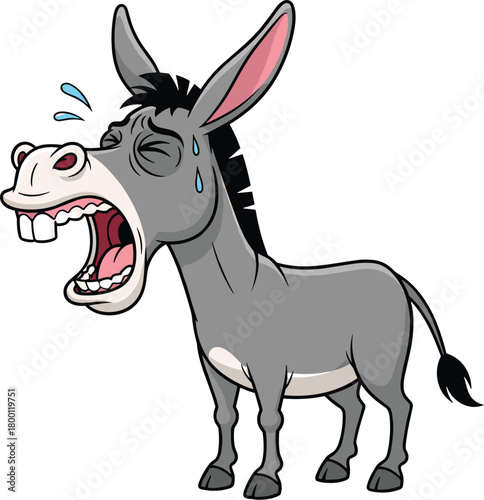 Funny cartoon donkey with mouth open wide, showing teeth, sweating and looking distressed