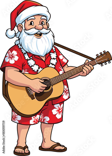Cheerful cartoon santa claus wearing hawaiian shirt and shorts, playing guitar
