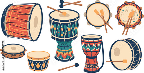 Collection of various drums and percussion instruments