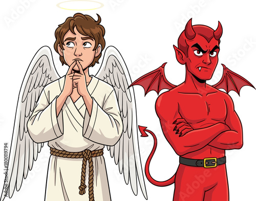 An angel with a halo and wings contemplates, while a devil with horns and wings glares with arms crossed