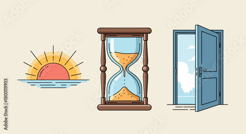 Stylized illustration of sunrise, hourglass, and open door
