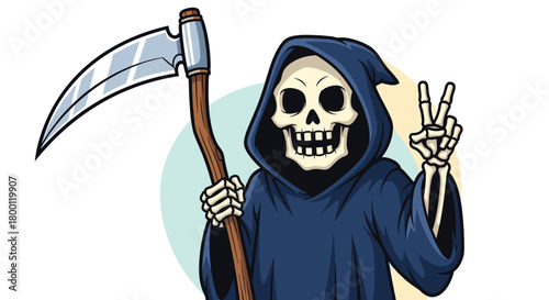 The grim reaper, a skeleton figure in a dark hooded robe holding a scythe and making a peace sign