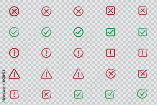 Hand-drawn check marks, cross signs, and warning icons vector set on transparent background, featuring sketch-style approval symbols, error signs, alerts, caution indicators for design and UI elements