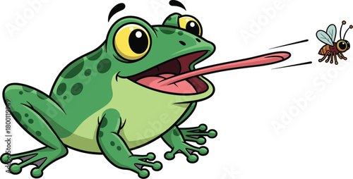 A cartoon green frog with its long tongue extended, trying to catch a fly