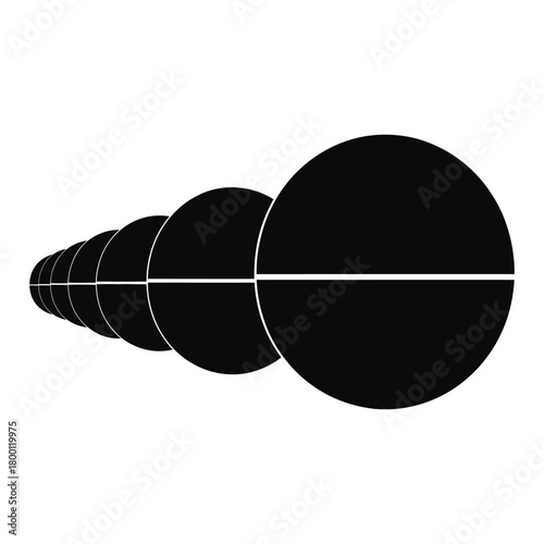 A series of black circles diminishing in size, aligned horizontally and isolated on