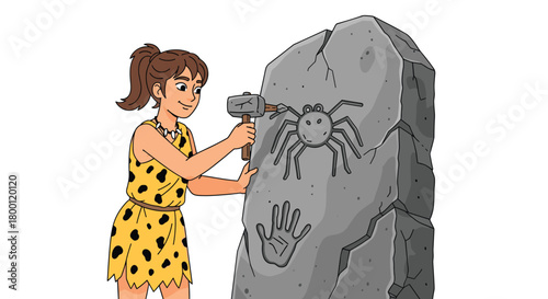 Prehistoric girl carving a spider and handprint into a large stone with a hammer