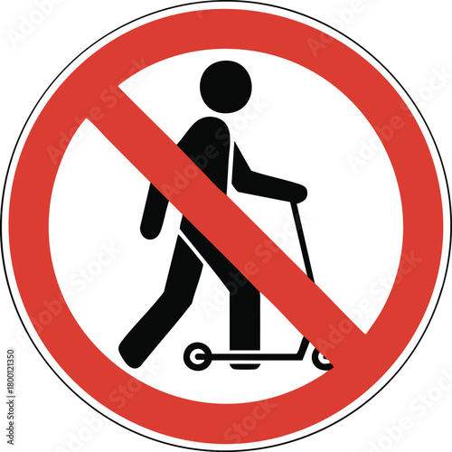 No Scooter Allowed Prohibition Sign Showing Person With Kick Scooter Inside Red Circle Traffic Symbol