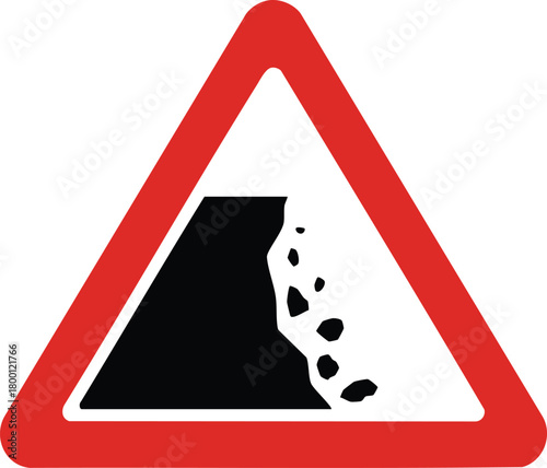 Falling Rocks Ahead Warning Sign Showing Cliff Debris Hazard Inside Red Triangle Traffic Symbol